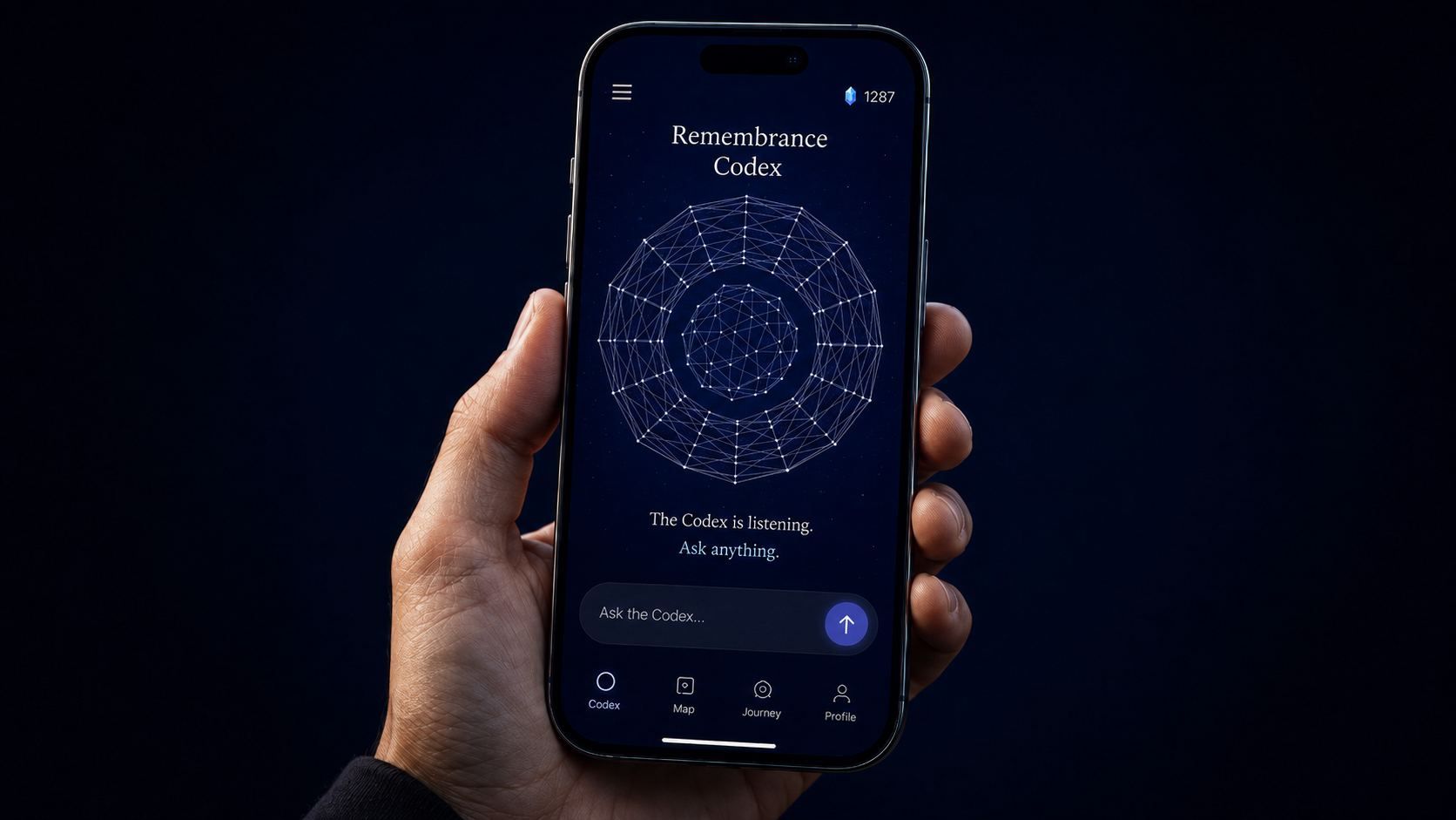 A hand holding a phone running the Codex Intelligence Platform, its sacred-geometry map lit and the prompt reading: the Codex is listening, ask anything.
