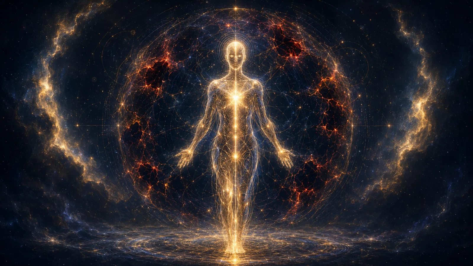 A standing figure of golden light inside a great circular field, its outer ring scarred with red fractures.