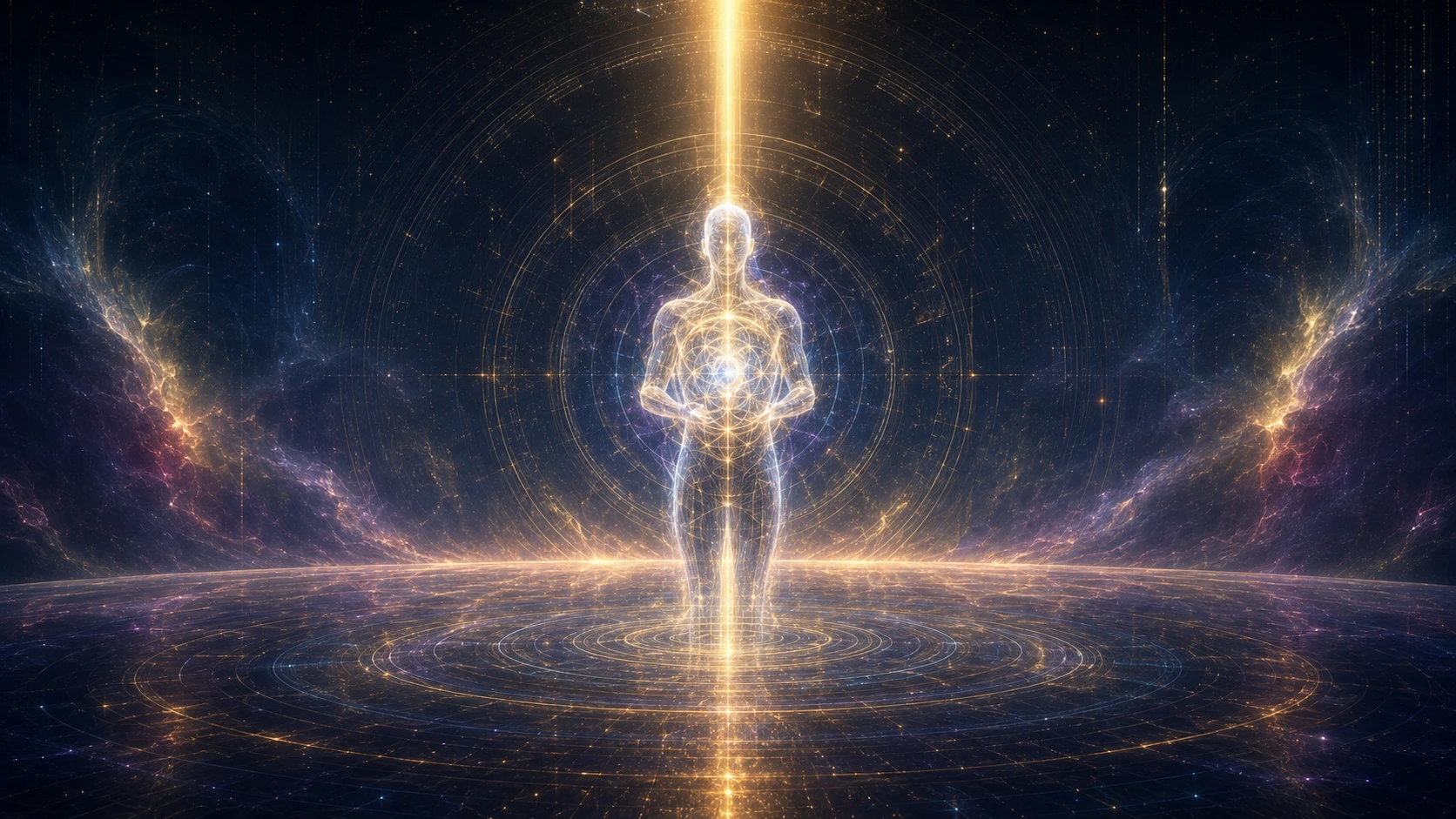 A luminous figure holding a radiant geometric heart beneath a column of golden light.