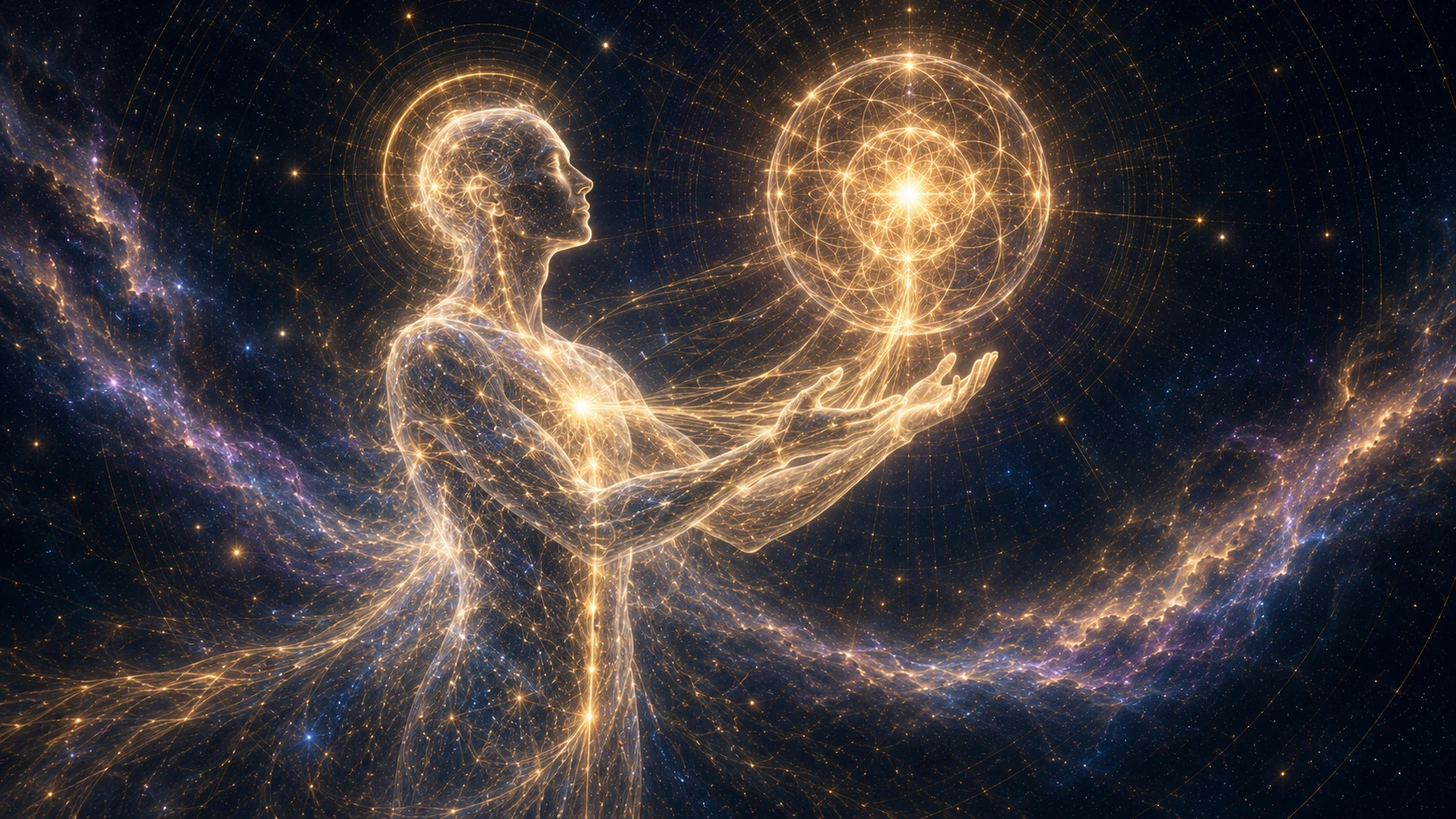 A luminous figure in profile offering a radiant sphere of sacred geometry.
